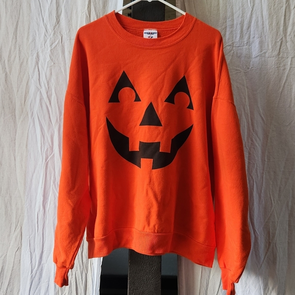 Jerzees Sweaters - Vintage 90s Halloween Pumpkin Jack O Lantern Sweater XL Sweatshirt Vibrant